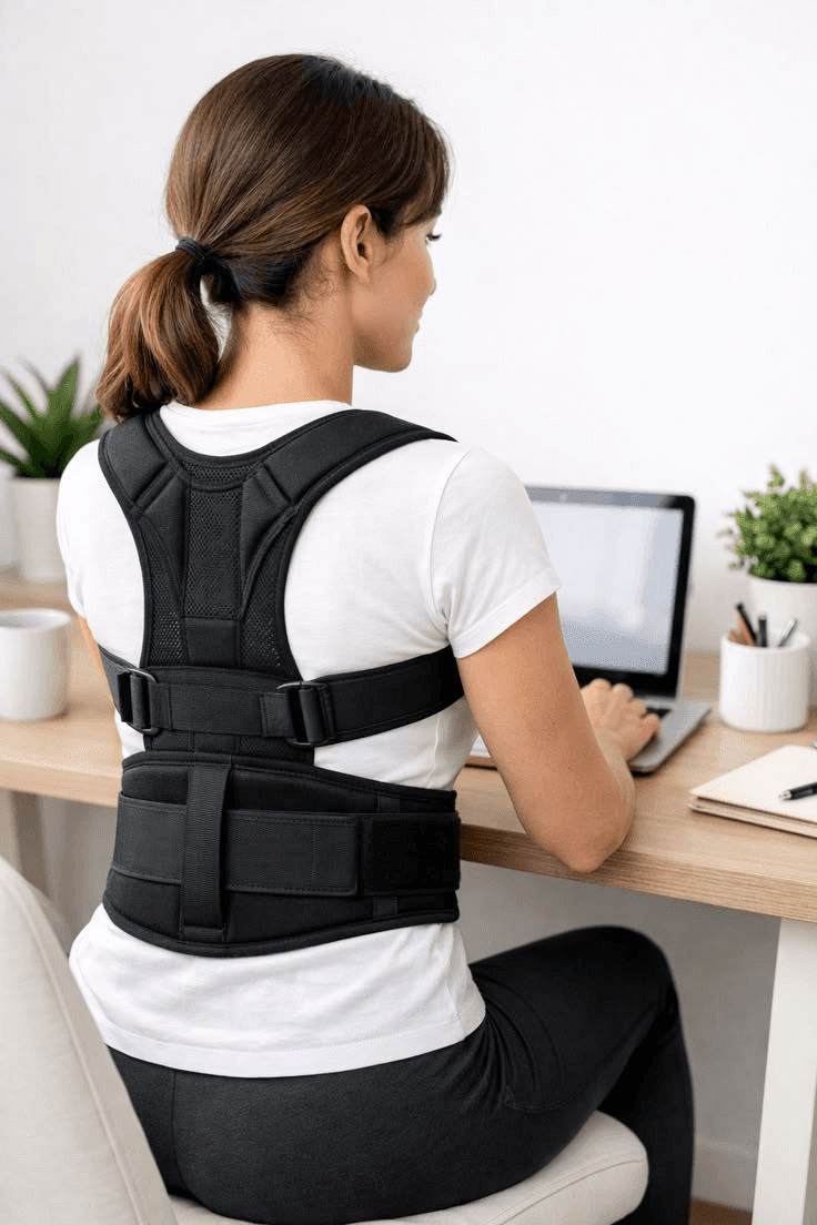 Lumbar support brace with posture straps worn at a desk