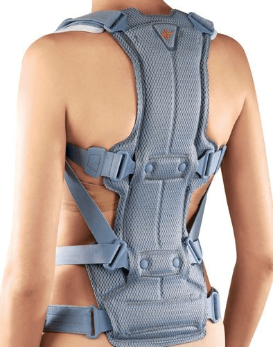 Rigid lumbosacral back brace with shoulder straps