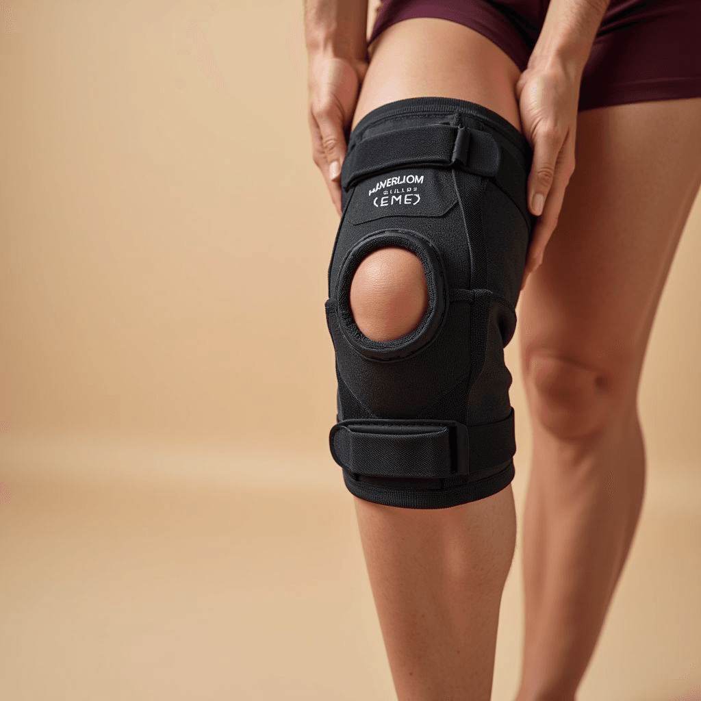 Hinged knee brace with patellar opening fitted on a patient