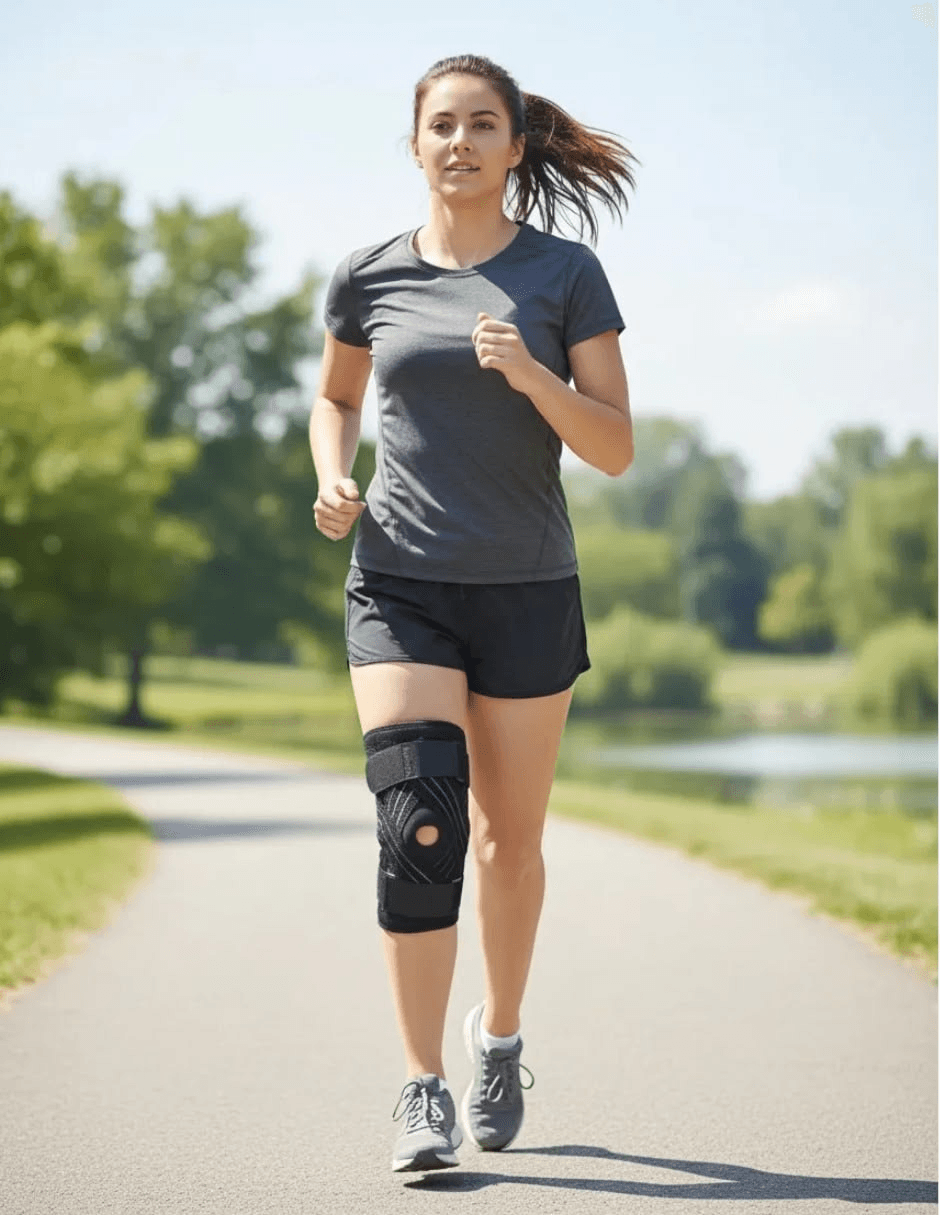 Woman running outdoors wearing a hinged knee brace
